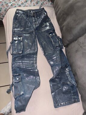 Vibrant Iridescent Blue Women's Cargo Jeans